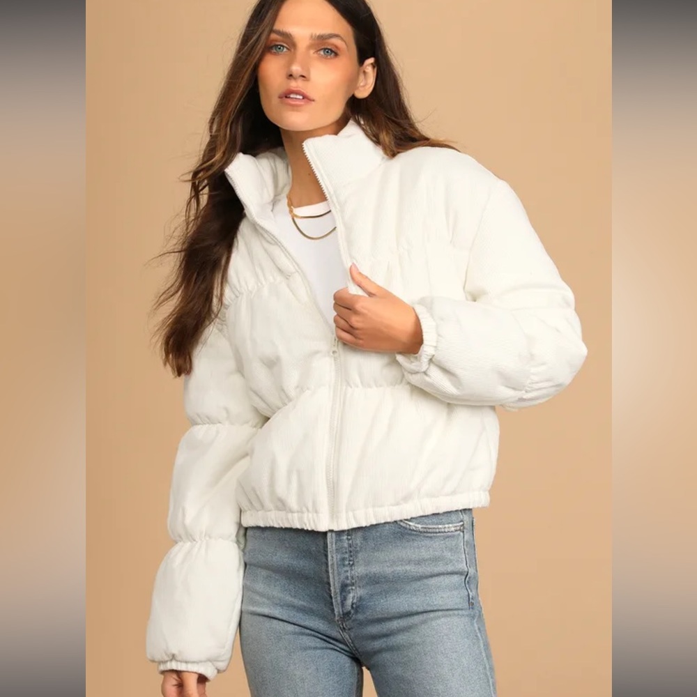 Lulus Winter Road Trip Ivory Corduroy Puffer Jacket
